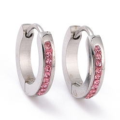 Rose Rhinestone Hinged Hoop Earrings, Stainless Steel Color Plated 304 Stainless Steel Jewelry for Women, Rose, 13x13.5x2.5mm, Pin: 1mm
