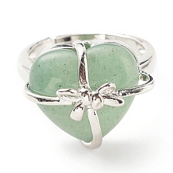 Green Aventurine Natural Green Aventurine Heart with Bowknot Adjustable Ring, Platinum Plated Brass Jewelry for Women, Cadmium Free & Lead Free, Inner Diameter: 16.7~21.2mm