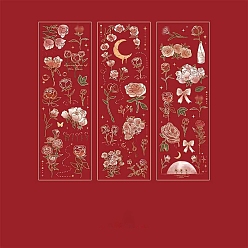 Red 3 Sheets 3 Styles Rose Waterproof PVC Scrapbooking Stickers, Hot Stamping Self Adhesive Flower Decals, for DIY Scrapbooking, Red, 220x70mm, 1 sheet/style