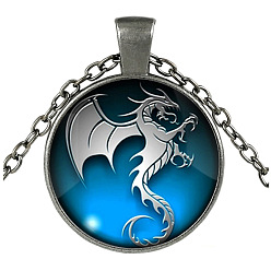 Gunmetal Blue Dragon Theme Glass Flat Round Pendant Necklace with Alloy Chains, Gunmetal, 27.56 inch(70cm)