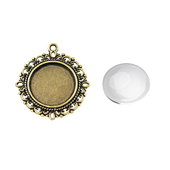 Antique Bronze Pendant Making Sets, with Alloy Pendant Cabochon Settings and Glass Cabochons, Flat Round, Lead Free & Nickel Free, Antique Bronze, Tray: 20mm, 35x32x2mm, Hole: 2mm