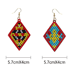 Mixed Color DIY Rhombus Dangle Earring Making Diamond Painting Kits, Mixed Pattern, Mixed Color, Pendant: 57x40mm, 2 pairs/set