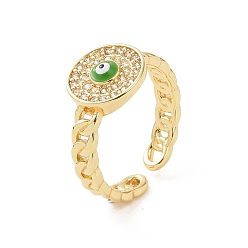 Lime Green Real 18K Gold Plated Brass Micro Pave Cubic Zirconia Open Rings, Enamel Evil Eye Cuff Rings for Women, Lime Green, 4mm, Inner Diameter: US Size 6 3/4(17mm)