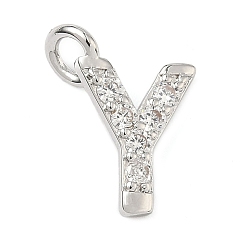 Letter Y Латунные микропаве прозрачные подвески с фианитом, без кадмия и без свинца, долговечный, стойки покрытие, платина, Письмо Y, 18x11.5x2.5 мм, отверстие : 2.5 мм