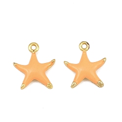 Orange Brass Enamel Pendants, Starfish Charms, Rack Plating, Long-Lasting Plated, Lead Free & Cadmium Free, Real 18K Gold Plated, Orange, 11x9x2mm, Hole: 0.9mm