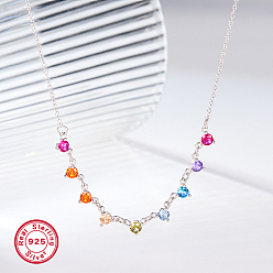 Platinum Colorful Cubic Zirconia Diamond Pendant Necklace, with Rhodium Plated 925 Sterling Silver Chains, with S925 Stamp, Platinum, 15.75 inch(40cm)