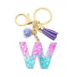 Letter W Resin Keychains, Tassel Keychain, Glass Ball Keychain, with Light Gold Tone Plated Iron Findings, Alphabet, Letter.W, 11.2x1.2~5.7cm