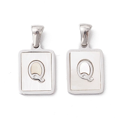 Letter Q 304 Stainless Steel Pave Shell Pendants, Rectangle Charm, Stainless Steel Color, Letter Q, 17.5x12x1.5mm, Hole: 3x5mm