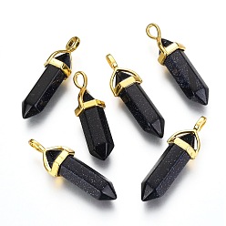 Blue Goldstone Synthetic Blue Goldstone Double Terminated Pointed Pendants, with Random Alloy Pendant Hexagon Bead Cap Bails, Bullet, Golden, 37~40x12.5x10mm, Hole: 3x4.5mm