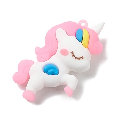 Pink Пластиковые подвески из ПВХ, для изготовления брелка, очарование единорога, розовые, 61x37x14.5 мм, отверстие : 3.5 мм