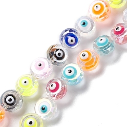 Mixed Color Transparent Evil Eye Glass Beads Strands, with Enamel, Faceted, Flat Round, Mixed Color, 10x8~8.5mm, Hole: 1.4mm, about 40pcs/strand, 14.57''(37cm)