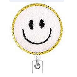 White Smiling Face Wool Chenille Clip-On Retractable Badge Holders, Badge Reels, Alloy Alligator Clip Tag Card Holders, White, 50mm