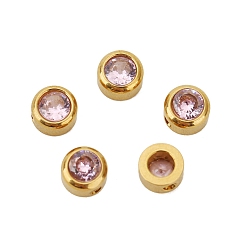 Pink Cubic Zirconia Beads, with Stainless Steel Finding, Flat Round, Pink, 6mm, Hole: 1.4mm
