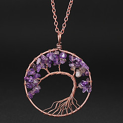 Amethyst Natural Amethyst Chip Tree of Life Pendant Necklaces, Alloy Cable Chain Necklace for Women, 20-7/8 inch(53cm)