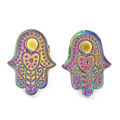 Rainbow Color Ионное покрытие (ip) 304 детали серег из нержавеющей стали, настройки плоского круглого лотка, Хамса рука / рука Мириам, Радуга цветов, лоток : 3 мм, 18x13.5 мм, штифты : 0.7 мм