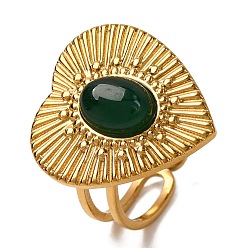 Зеленый агат Овальные перстни из натурального зеленого оникса-агата, в форме сердца золотистый тон 304 открытые манжеты из нержавеющей стали для женщин, внутренний диаметр: регулируемый