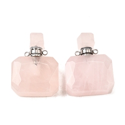 Розовый Кварц Кулоны для духов из натурального розового кварца, с 304 фурнитурой из нержавеющей стали, граненые, прямоугольник амулеты, цвет нержавеющей стали, 33~34x25x11~12 мм, отверстие : 1.9 мм