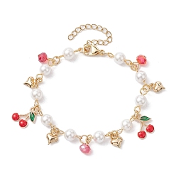 Golden Glass Beads & Pearl Bead Bracelets, Cherry Alloy Enamel Charm Bracelets for Women, Golden, 7 inch(17.7cm)