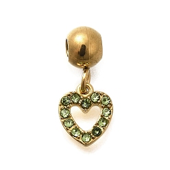 Светло-зеленый 304 из нержавеющей стали амулеты горный хрусталь, ионное покрытие (ip), сердце прелести, светло-зеленый, 7x6.5x1.5 мм, отверстие : 0.8 мм