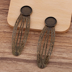 Antique Bronze Iron Snap Hair Clips Findings, with Flat Round Brass Cabochon Settings, Antique Bronze, 85x25mm, Tray: 18mm