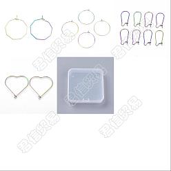 Rainbow Color Unicraftale 32Pcs 4 Style 316 Surgical & 304 Stainless Steel Hoop Earring Findings, Wine Glass Charm Findings, Octagon & Heart & Ring, Rainbow Color, 21~25x10~26.5x0.6~0.8mm, Pin: 0.6mm, 8pcs/style