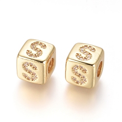 Letter S Brass Micro Pave Cubic Zirconia European Beads, Horizontal Hole, Large Hole Beads, Long-Lasting Plated, Cube with Letter, Golden, Clear, Letter.S, 9x9x9.5mm, Hole: 4.5mm