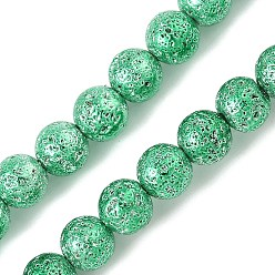 Зеленое Покрытие Гальванические бусины из натуральной лавы, круглые, зеленый покрытием, 7x6~6.5 мм, отверстие : 1 мм, около 63 шт / нитка, 15.51~15.87'' (39.4~40.3 см)