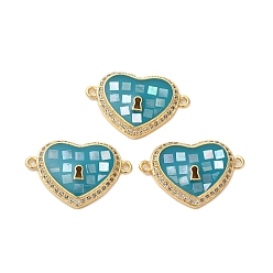 Темно-бирюзовый Покрытие стойки латунь микро паве прозрачный кубический цирконий звенья в форме сердца, с эмалью и ракушкой, реальный 18 k позолоченный, долговечный, без свинца и без кадмия, темные бирюзовый, 15x22x4 мм, отверстие : 1.2 мм