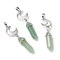 Green Aventurine Natural Green Aventurine Double Terminated Pointed Big Pendants, with Platinum Tone Brass Findings, Cadmium Free & Lead Free, Moon with Bullet, Faceted, 70~75mm, Hole: 4.6x8mm