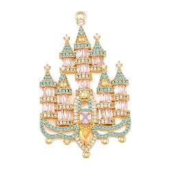 Real 18K Gold Plated Brass Pave Cubic Zirconia Chandelier Component Links, Castle, Real 18K Gold Plated, 53.5x31x4mm, Hole: 1.8mm and 1.1mm