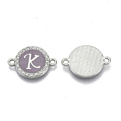 Letter K Alloy Enamel Links Connectors, with Crystal Rhinestones, Flat Round with Letter, Silver Color Plated, Letter.K, 22x16x2mm, Hole: 1.8mm