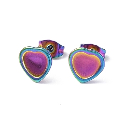 Rainbow Color Ion Plating(IP) 304 Stainless Steel Stud Earring Finding, Earring Settings, Heart, Rainbow Color, Tray: 7x7mm, 9x9mm, Pin: 0.8mm