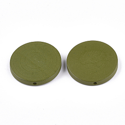 Olive Painted Natural Wood Beads, Flat Round, Olive, 30x5~5.5mm, Hole: 2mm