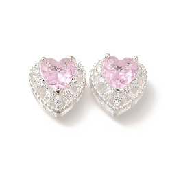Pink Стойки обшивки латунь микро проложить кубического циркония бусы, со стеклом, долговечный, без свинца и без кадмия, серебряные, сердце, розовые, 11x12x7 мм, отверстие : 1.6 мм
