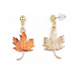 Coral Autumn Theme Alloy Dangle Stud Earrings, with Enamel, Eco-Friendly Stainless Steel Pins and Ear Nuts, Printed, Maple Leaf, Coral, 27.5x13.5mm, Pin: 0.7mm