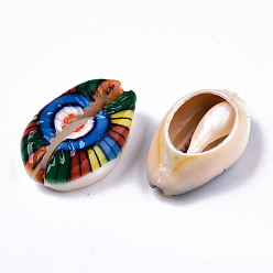 Разноцветный Набивные бусины из натуральных ракушек каури, нет отверстий / незавершенного, с рисунком сглаза, красочный, 18~22x13~14x6~8 мм