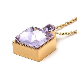 Lilac Glass Square Pendant Necklace, Real 18K Gold Plated 304 Stainless Steel Necklace, Lilac, 18.43 inch(46.8cm)