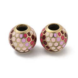 Pink Brass Enamel European Beads, Large Hole Beads, Golden, Round, Pink, 14x13mm, Hole: 5mm