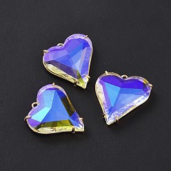 Colorful Brass Cubic Zirconia Pendants, Heart Charm, Light Gold, Colorful, 27x26x7mm, Hole: 2mm