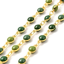Green Brass Flat Round Link Chains, with Enamel, Real 18K Gold Plated, Soldered, Long-Lasting Plated, with Spools, Green, 4.5x9x3mm, 3x2x0.5mm