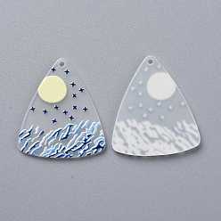 Clear Acrylic Pendants, 3D Printed, Triangle with Sun & Sea Pattern, Clear, 35.5x30.5x2mm, Hole: 1.6mm
