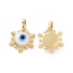 White Handmade Evil Eye Lampwork Pendants, with Real 18K Gold Plated Tone Brass Findings, Snowflake Charm, White, 15x16x4mm, Hole: 4x6.5mm