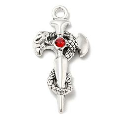 Antique Silver Alloy with Rhinestone Big Pendant, Sword with Snake Charms, Antique Silver, 54x26x5mm, Hole: 4mm