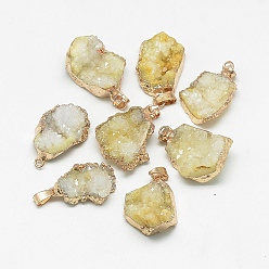 Pale Goldenrod Natural Druzy Agate Pendants, Druzy Trimmed Stone, Dyed, Nuggets, Pale Goldenrod, 23~40x13~30x7~20mm, Hole: 3x6mm