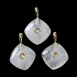 Quartz Crystal Natural Quartz Crystal Pendants, with Golden Brass Micro Pave Clear Cubic Zirconia Findings, Rhombus Charm, 30~30.5x20.5~21x9~10mm, Hole: 5.5~6x4mm