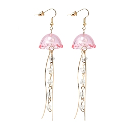 Pink Iron Dangle Earrings, with Plastic Pendants, Jellyfish, Golden, Pink, 104x21.5mm