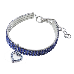Sapphire Adjustable 3-Row Alloy Rhinestone Cup Chain Pet Collars, Slider Heart Pendant Cat Dog Choker Necklace, Sapphire, 200mm