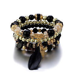 Black B0034-1 Bohemian Bracelet Set with Colorful Crystal Beads, Feather and Ethnic Style Jewelry