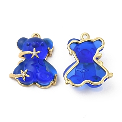 Blue Transparent Resin Crystal Rhinestone Pendants, Bear Charms, with Rack Plating Real 18K Gold Plated Brass Findings, Long-Lasting Plated, Cadmium Free & Lead Free, Blue, 23.5x20.5x9mm, Hole: 1.6mm