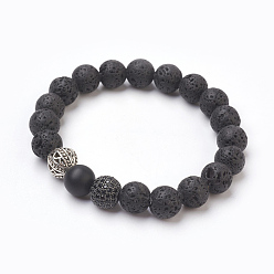 Lava Rock Natural Lava Rock Beads Stretch Bracelets, with Natural Black Agate(Dyed), Brass Cubic Zirconia Round Beads and Alloy Findings, 2-3/8 inch(6cm)